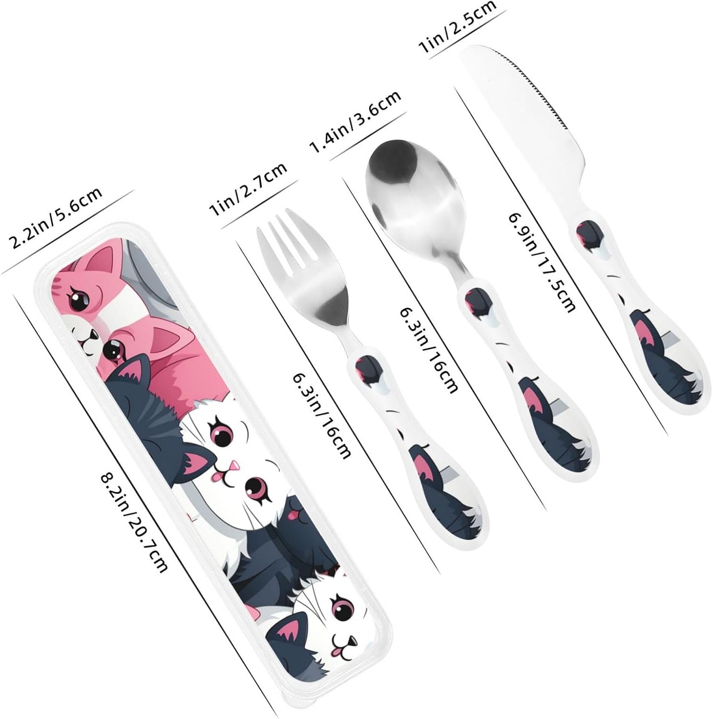 3-Piece Kids Silverware Set With Storage Case, Stainless Steel Reusable Children Safe Knife Spoon Fork Set Cute Kittens Children Flatware Set For Kids Lunch Box