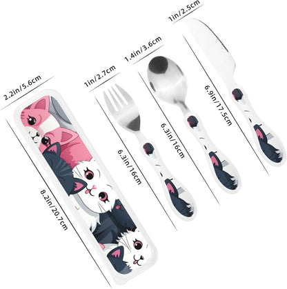 3-Piece Kids Silverware Set With Storage Case, Stainless Steel Reusable Children Safe Knife Spoon Fork Set Cute Kittens Children Flatware Set For Kids Lunch Box