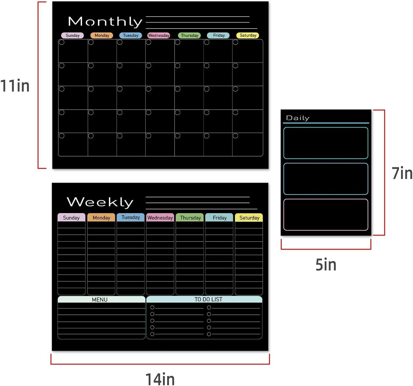 Hivillexun Black Magnetic Dry Erase Calendar for Fridge - 3 Pack Monthly, Weekly & Daily Planner Set (14"x11"), Includes 8 Neon Ultra-Fine Tip Markers & Large Eraser, Reusable Whiteboard for Kitchen