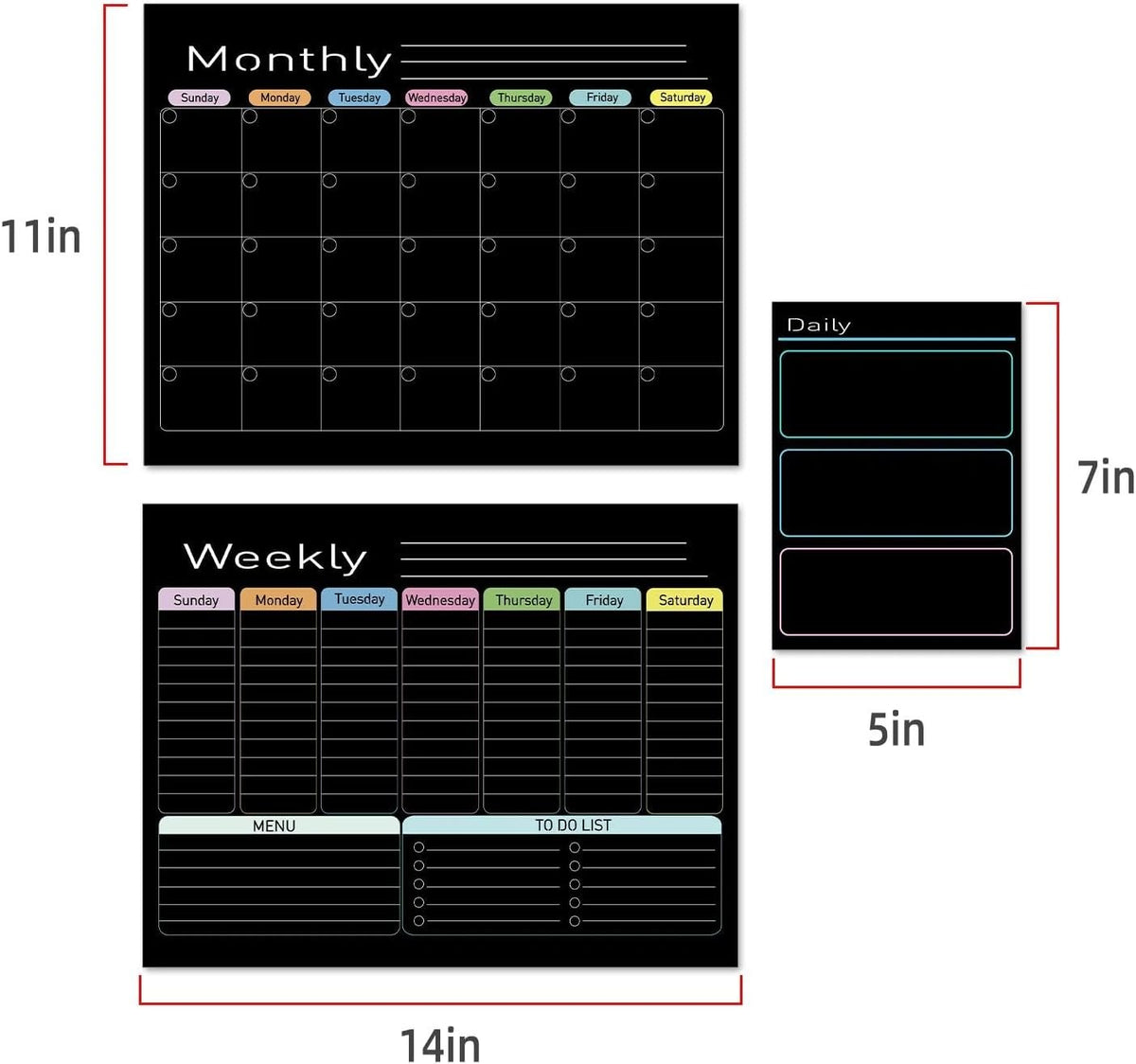 Hivillexun Black Magnetic Dry Erase Calendar for Fridge - 3 Pack Monthly, Weekly & Daily Planner Set (14"x11"), Includes 8 Neon Ultra-Fine Tip Markers & Large Eraser, Reusable Whiteboard for Kitchen