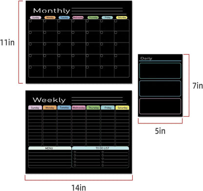 Hivillexun Black Magnetic Dry Erase Calendar for Fridge - 3 Pack Monthly, Weekly & Daily Planner Set (14"x11"), Includes 8 Neon Ultra-Fine Tip Markers & Large Eraser, Reusable Whiteboard for Kitchen