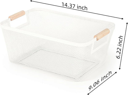 2-Pack Metal Mesh Basket, Large Wire Storage Organizer with Wood Handle for Kitchen Pantry, Bathroom, Cabinet, Closet, Picnic & Home Organization, Large, Black