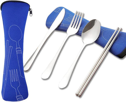 5PCS Portable Silverware Set with Case, Premium Stainless Steel Travel Camping Cutlery Set, Reusable Safe Flatware Sets for Lunch Box/Workplace/Students, Dinnerware with Carrying Case,Silver