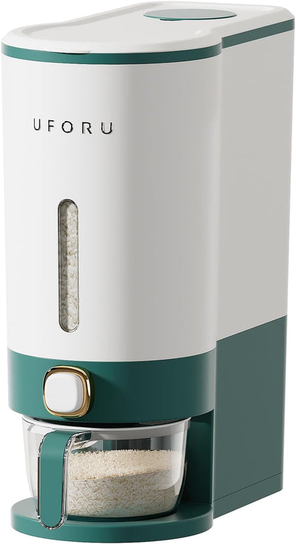 UFORU Rice Dispenser, Rice Storage Container with Measuring Cup for Kitchen Pantry Household, Dry Food Storage Containers Airtight, Sealed Moisture Proof (White 13Lbs)