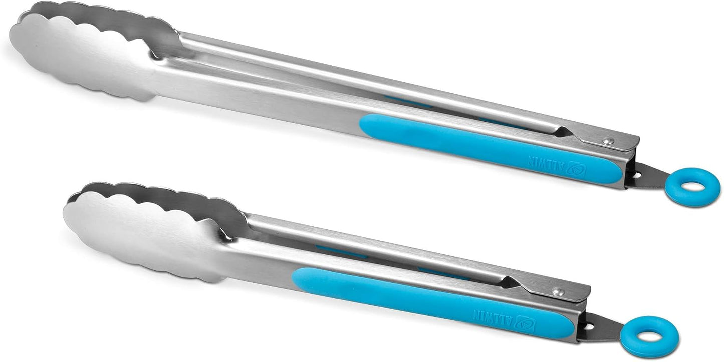 304 Stainless Steel Kitchen Cooking Tongs, 9" and 12" Set of 2 Sturdy Grilling Barbeque Brushed Locking Food Tongs with Ergonomic Grip, Black