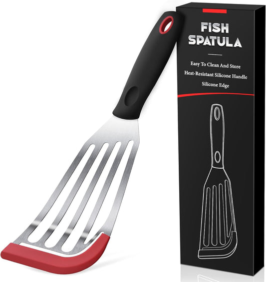 Silicone Fish Spatula, Heat Resistant Silicone Edge for Nonstick Cookware, Fish Turner for Kitchen Use, Flexible and Thin Stainless Steel Cooking utensils, Perfect Slotted Spatula for Egg, Pancake