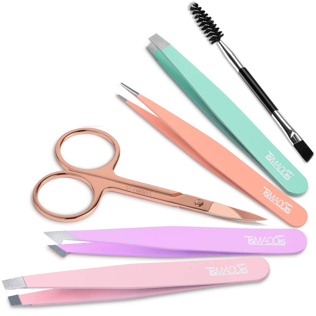 TsMADDTs Eyebrow Tweezers Set and Curved Scissor, Professional Stainless Steel Tweezers for Women and Men, Splinter and Ingrown Hair Removal