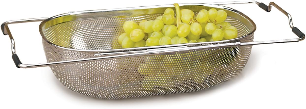 RSVP International Endurance® In-Sink Mesh Colander Strainer Basket, 3 Quart | Organize Sponges, Collect Food Scraps | Dishwasher Safe | Small Corner Basket | Steaming, Draining & Rinsing