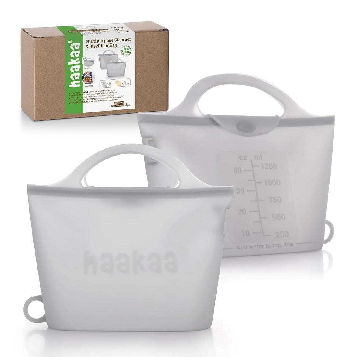 Haakaa Silicone Microwave Steamer & Steriliser Bag, 70oz/2000ml Large Capacity Reusable Steaming Bags for Baby Bottles, Breast Pump, Accessories, Pacifiers,Teethers, Great for Home&On The Go, Grey/1PC