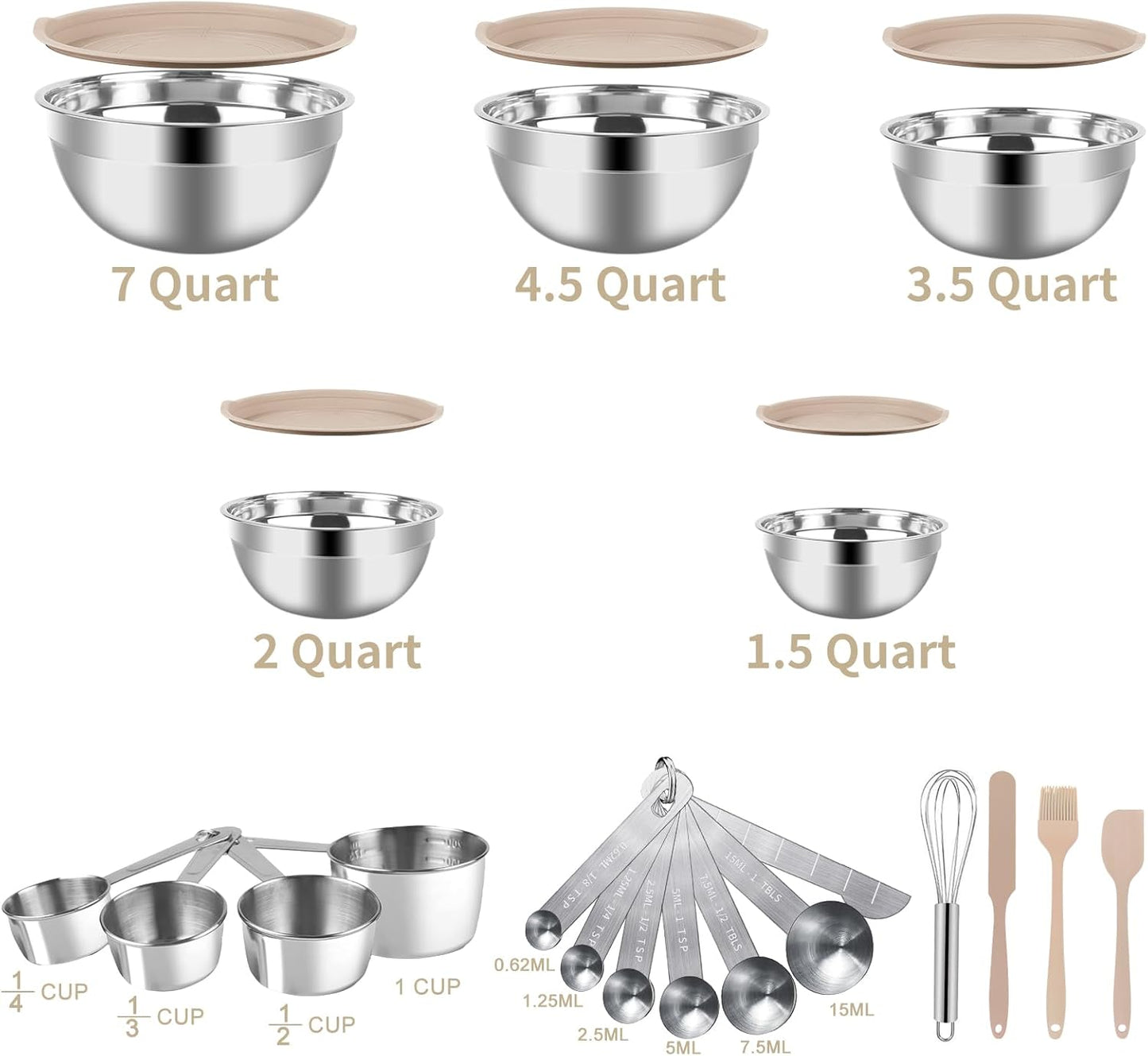WEPSEN Mixing Bowls Set, 25PCS Stainless Steel Mixing Bowl with Lid Set, Large Nesting Bowls 7, 4.5, 3,2, 1.5QT, Measuring Cups and Spoons Baking Utensils Metal Bowl for Kitchen Prep