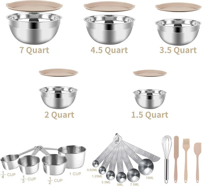 WEPSEN Mixing Bowls Set, 25PCS Stainless Steel Mixing Bowl with Lid Set, Large Nesting Bowls 7, 4.5, 3,2, 1.5QT, Measuring Cups and Spoons Baking Utensils Metal Bowl for Kitchen Prep