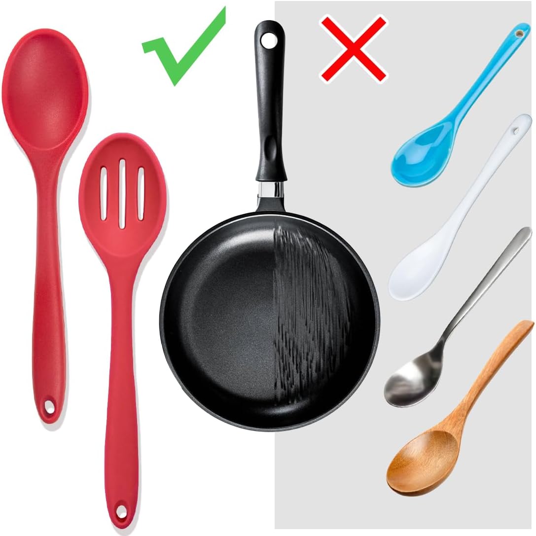 8 Pcs 8inch Heat Resistant Cooking Spoons for Nonstick Cookware Set -Ideal for Cooking, Baking, Mixing, Stirring Includes Slotted & Solid Spoons, Design for Nonstick Cookware (Black+Red+Green+Purple)