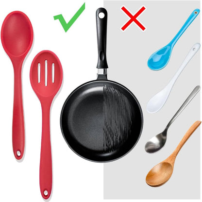 8 Pcs 8inch Heat Resistant Cooking Spoons for Nonstick Cookware Set -Ideal for Cooking, Baking, Mixing, Stirring Includes Slotted & Solid Spoons, Design for Nonstick Cookware (Black+Red+Green+Purple)