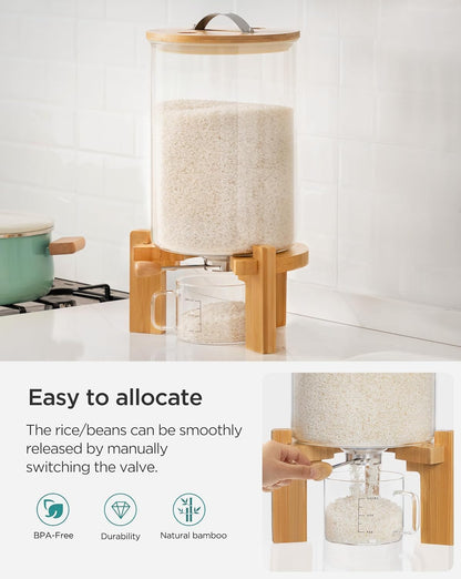 HBlife 5-7 Lbs Glass Rice Dispenser with Wooden Stand Flour and Cereal Container with Glass Measuring Cup Pantry Food Organization Storage Bin with Airtight Bamboo Lid, 3L