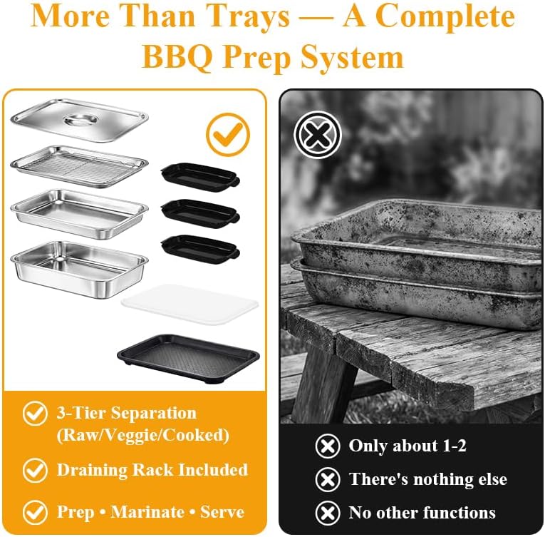 10-Piece Grill Prep and Carry System, Stainless Steel BBQ Prep and Serve Trays with Lid, Dishwasher Safe Cutting Board, Ingredient Prep Trays & Meat Marinade Container for Outdoor Grilling