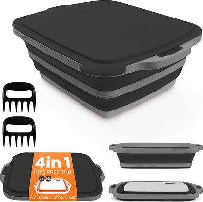 4 in 1 Large Collapsible BBQ Prep Tub with Lid - 16L Foldable Camping Sink with Colander & Cutting Board, Multipurpose Dish Basin for Kitchen, Meat Prep, Vegetables, Fruit, Picnic & Outdoor Cooking