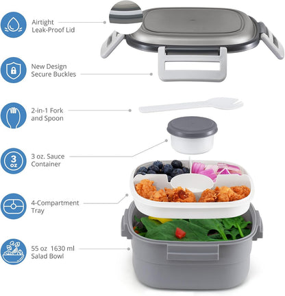 Salad Container for Lunch - 55 oz Salad Bowl with 4-Compartment Bento-Style Tray, 3 oz Sauce Box, Reusable Spork & BPA-Free, Lunch Box for Meal Prep & Food Storage(Gray)