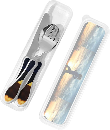 3-Piece Kids Silverware Set With Storage Case, Stainless Steel Reusable Children Safe Knife Spoon Fork Set Blue Active Girl Running Sunset Children Flatware Set For Kids Lunch Box - Colors B