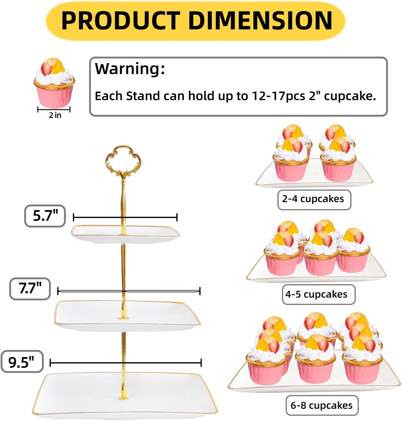 2 Pack RAUVOLFIA Plastic 3 Tier Cupcake Stand with Gold Rim, Plastic Tiered Serving Stand, Dessert Tower Tray for Tea Party, Baby Shower and Wedding, Square