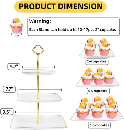 2 Pack RAUVOLFIA Plastic 3 Tier Cupcake Stand with Gold Rim, Plastic Tiered Serving Stand, Dessert Tower Tray for Tea Party, Baby Shower and Wedding, Square