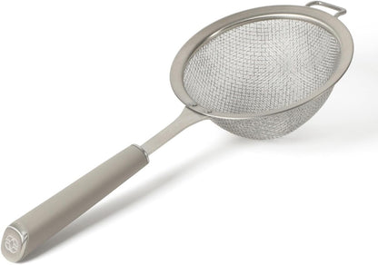 Calphalon Prime Edge 5-Inch Stainless Steel Strainer, Fine Mesh Kitchen Colander Strainer with Thermoplastic Rubber Handle, Sifter for Rinsing, Draining & Straining Food, Navy