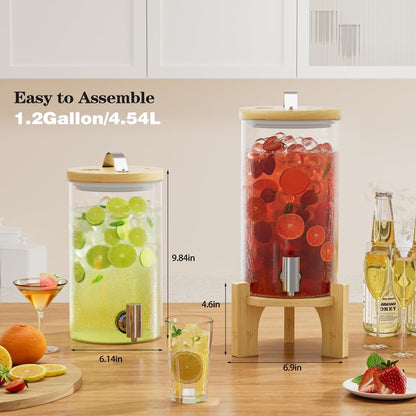 1.2 Gallon Glass Drink Dispenser For Parties, beverage dispenser with Bamboo wood stand And Stainless Steel Spigot, Juice or lemonade dispenser Laundry Detergent Dispenser (2 PACK)