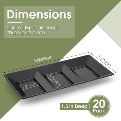 Ziliny 20pcs Black 3 Section Serving Tray Bulk Serving Dish Compartment Appetizer Tray Plastic Dessert Platter Divided Disposable Plate for a Tini Bit Older Party