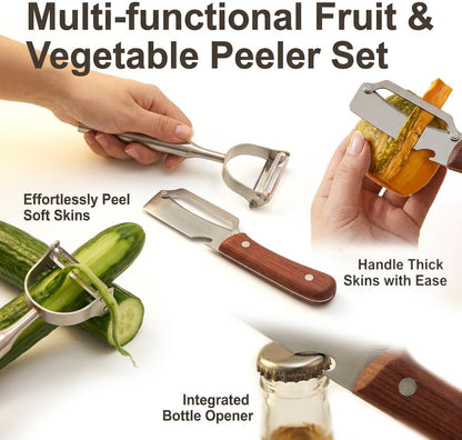 2 Pcs Multifunctional Vegetable Peeler,For Kitchen Stainless Steel Cutter Set With Wood Handle Bottle Opener Y Shaped Julienne Tool,For Potato Apple Pineapple Fruit Gadgets
