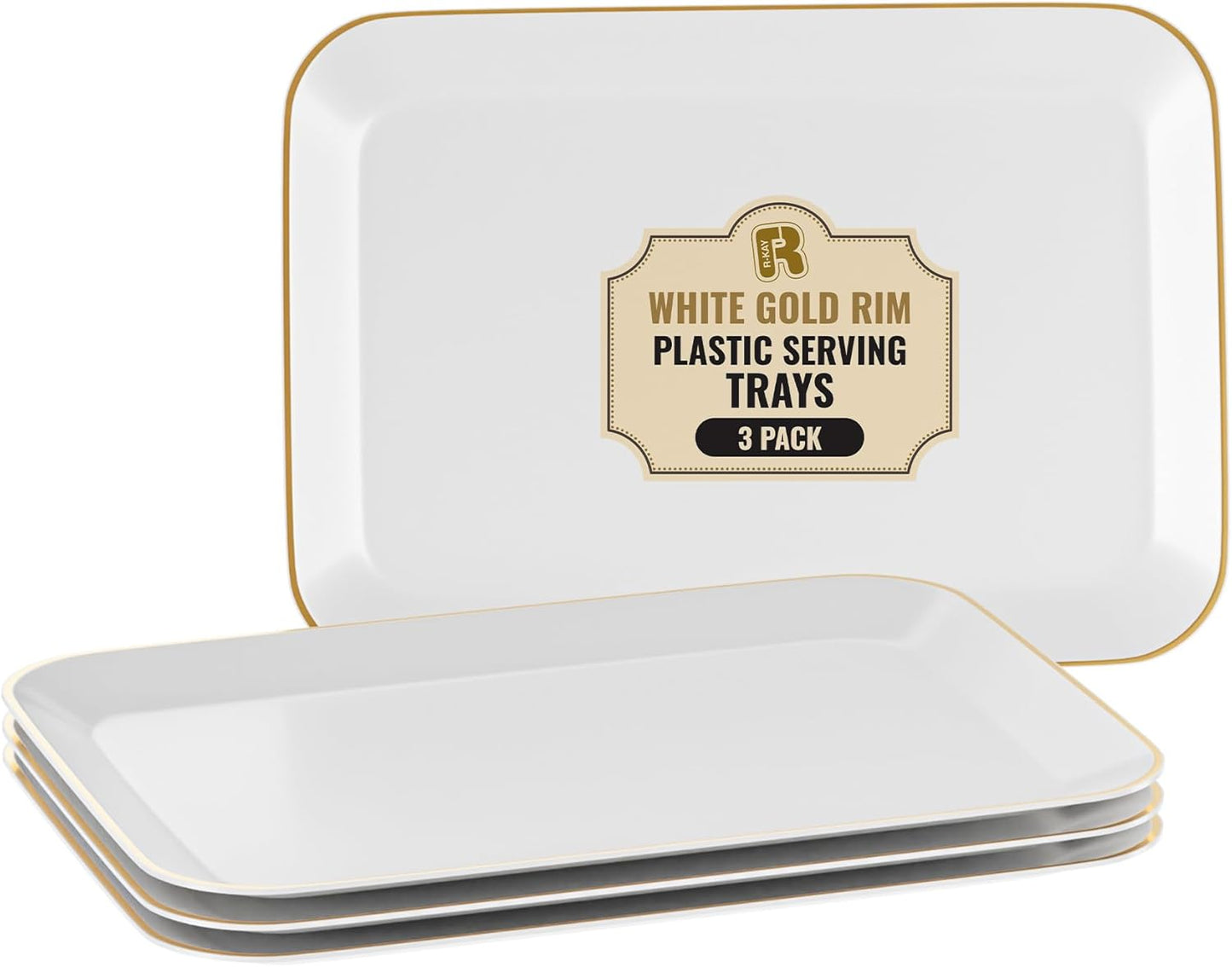 R-kay 3 Pack White Plastic Serving Trays for Party - Rectangular, 8 by 11 in, Heavy Duty Dessert Trays for Food