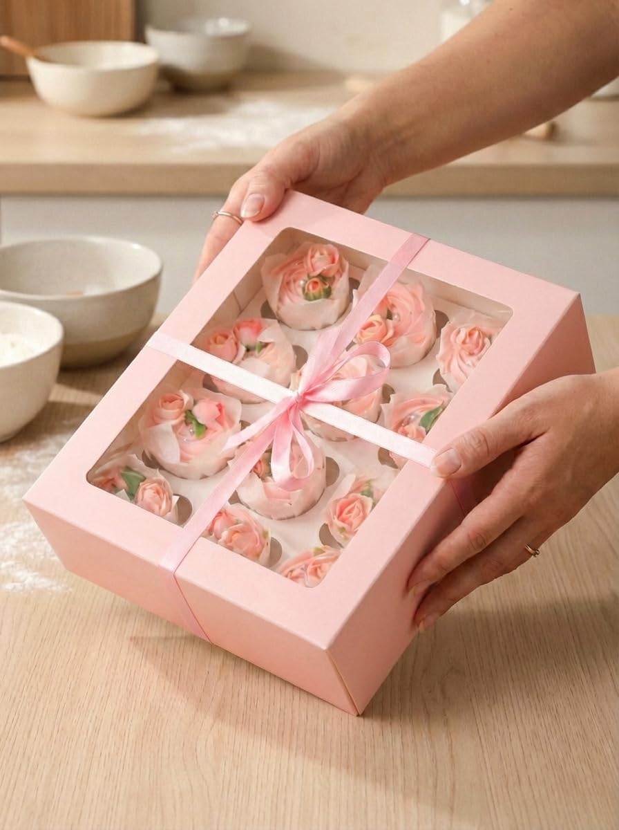 Bakepacker Auto-pop up 12 Cupcake Containers 6-Packs Brown Cupcakes Carrier, 12 Cupcake Boxes with Window 13"x10"x3.5"
