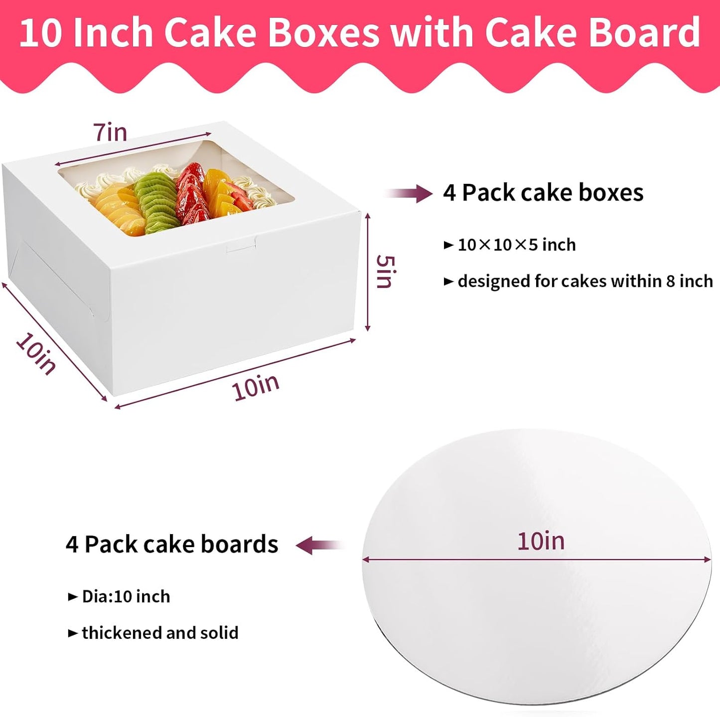 WINKIO 10 Inch Cake Box with Cake Boards, 2 Pack Disposable Cake Carrier, Cakes Transport Container, White Bakery Holder with Window, for Cookies Pies Cupcakes Pastry (10×10×8 Inches)