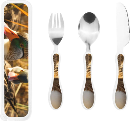 3-Piece Kids Silverware Set With Storage Case, Stainless Steel Reusable Children Safe Knife Spoon Fork Set Astronaut Cat Fish Children Flatware Set For Kids Lunch Box