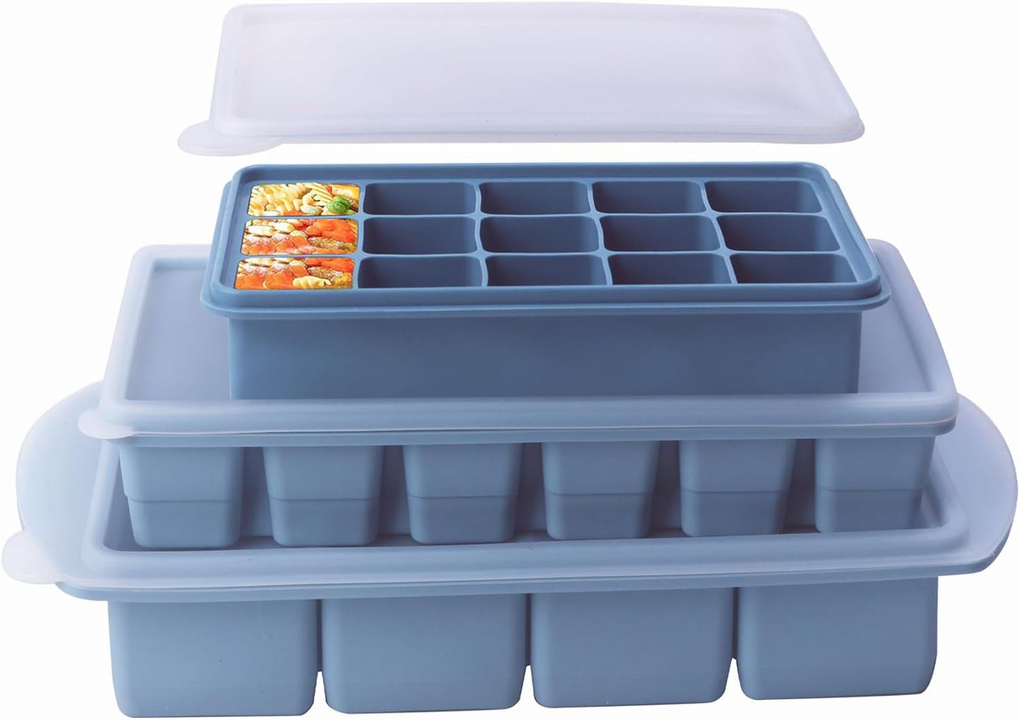 3-Pack Silicone Freezer Trays with Lid,4 Large 1-Cup(250ml)&6 Medium 1/2-Cup(125ml)&15 Small 2 Tbsp(30ml) Soup Freezer Container Molds,Ice Cube Tray For Meal Prep&Freezing Soup,Herbs (Blue 3 Pack)
