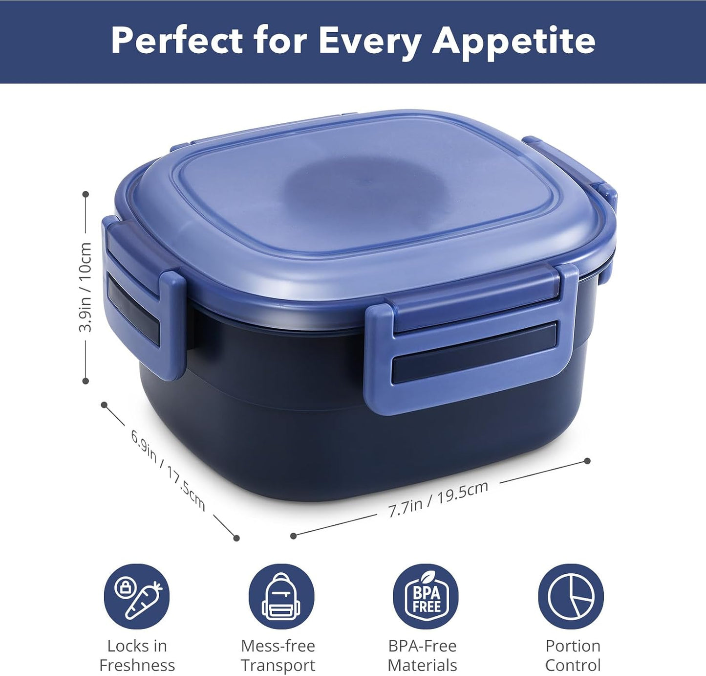 Salad Container for Lunch - 55 oz Salad Bowl with 4-Compartment Bento-Style Tray, 3 oz Sauce Box, Reusable Spork & BPA-Free, Lunch Box for Meal Prep & Food Storage(Gray)