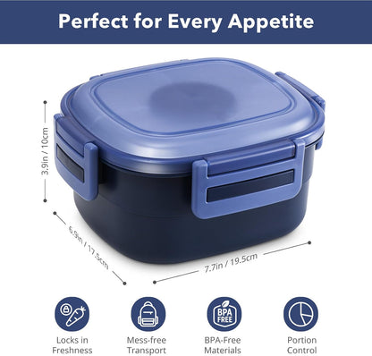Salad Container for Lunch - 55 oz Salad Bowl with 4-Compartment Bento-Style Tray, 3 oz Sauce Box, Reusable Spork & BPA-Free, Lunch Box for Meal Prep & Food Storage(Gray)