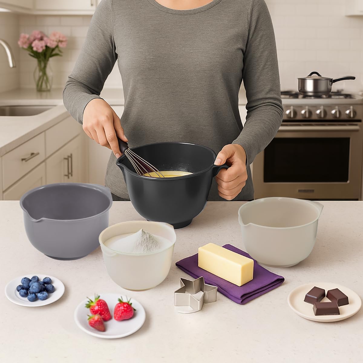 Glad Mixing Bowls with Pour Spout, Set of 4 - Nesting Plastic Bowls (1.2qt, 1.9qt, 2.8qt, and 3qt with Handle) - Non Slip Base, Dishwasher Safe Kitchen Cooking and Baking Supplies, Green