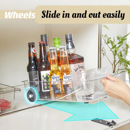 Attelite 3 Pack Fridge Organizer on Wheels,Roll Out Refrigerator Organizers and Storage Clear Design with Dividers,Upgrade Thick Plastic Storage Bins with Wheels, Kitchen Organization