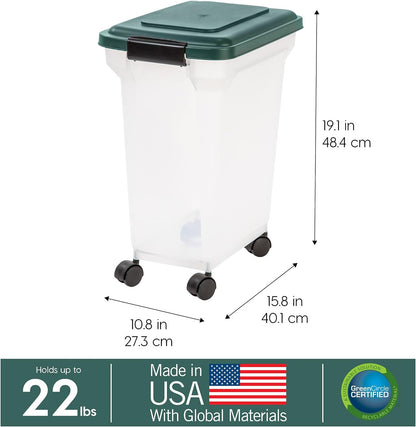 IRIS USA Remington Dog Food Storage Container, 30 lbs, 11 lbs, Airtight, Stackable, Wheels, Food Storage, Treat Box, 2-Cup Scoop