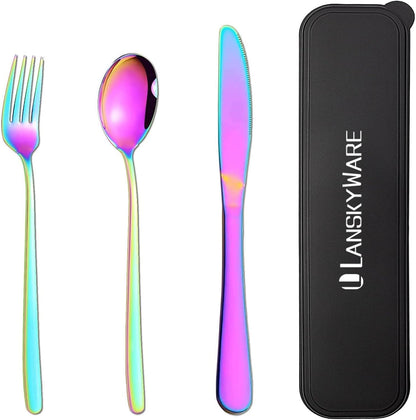 Portable Travel Utensils Set, 18/8 Stainless Steel 3 PCS Cutlery Set Including Knife Fork and Spoon, Reusable Travel Silverware Set with Case for Lunch Box Camping School Office