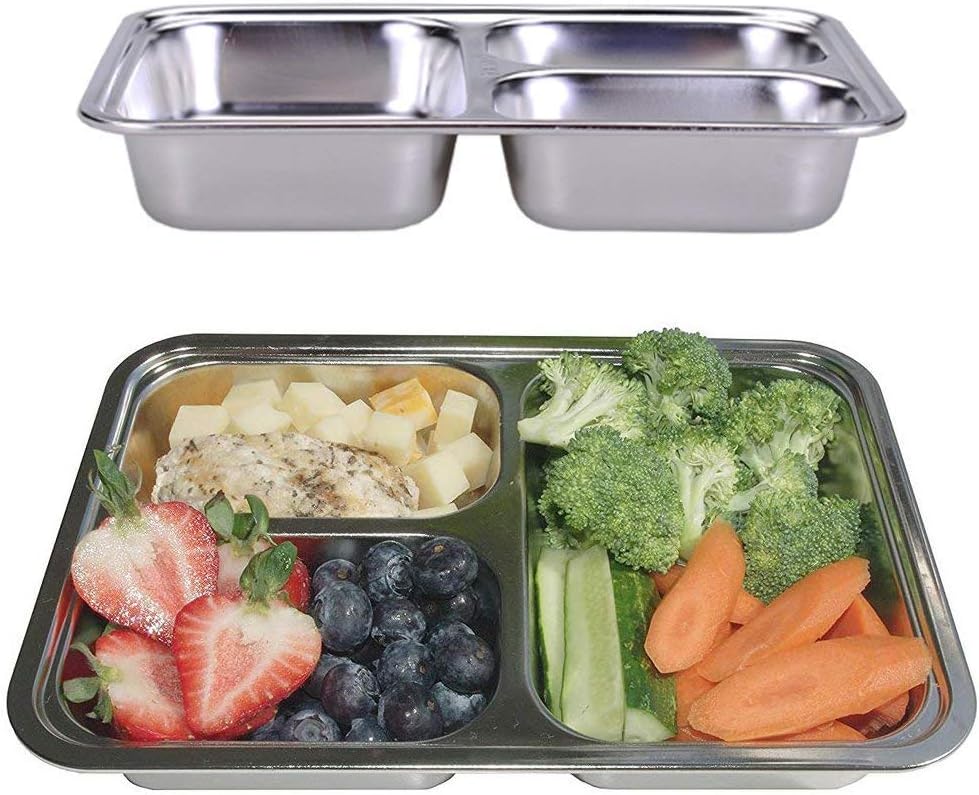 Set of 2 Stainless Steel Rectangular Divided Plates Tray 5 Sections Dinner Plates for Adults - Unbreakable Metal Plate for Campers, and Portion Control Reusable Plate