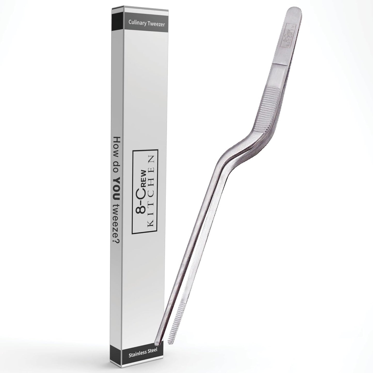 8-CREW KITCHEN Culinary Stainless Steel Tweezers, 8-inch Offset Tip Chef Precision Tongs for Plating, Decorating, Food Design, Bar and Multi-Purpose