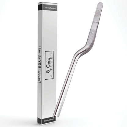8-CREW KITCHEN Culinary Stainless Steel Tweezers, 8-inch Offset Tip Chef Precision Tongs for Plating, Decorating, Food Design, Bar and Multi-Purpose