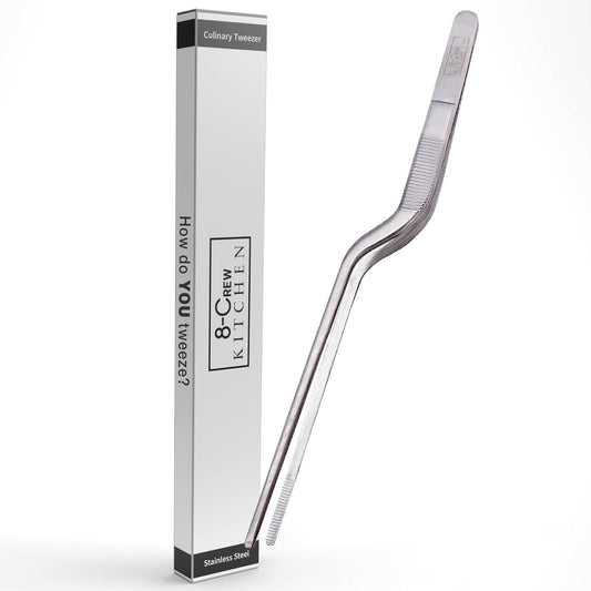 8-CREW KITCHEN Culinary Stainless Steel Tweezers, 8-inch Offset Tip Chef Precision Tongs for Plating, Decorating, Food Design, Bar and Multi-Purpose