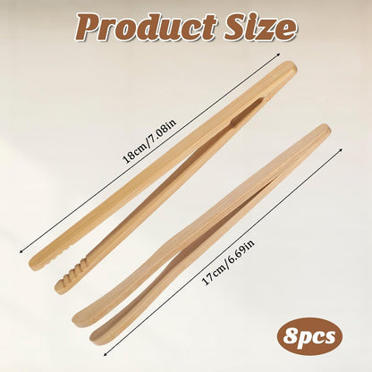 8Pcs Kitchen Utensil Tong Bamboo Tongs with Serrated Tips