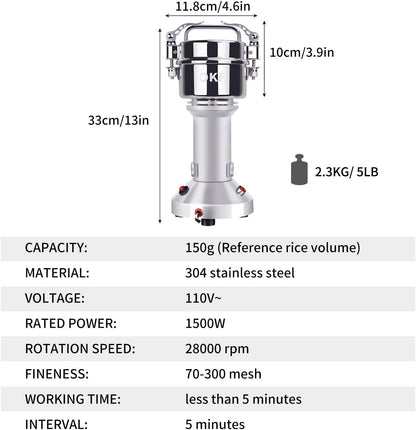 150g Grain Mill, 304 Stainless Steel Spice Grinder, 1500W High-speed Commercial Flour Mill, Superfine Flour Mill Grinder for Home, Grain Mill for Flour