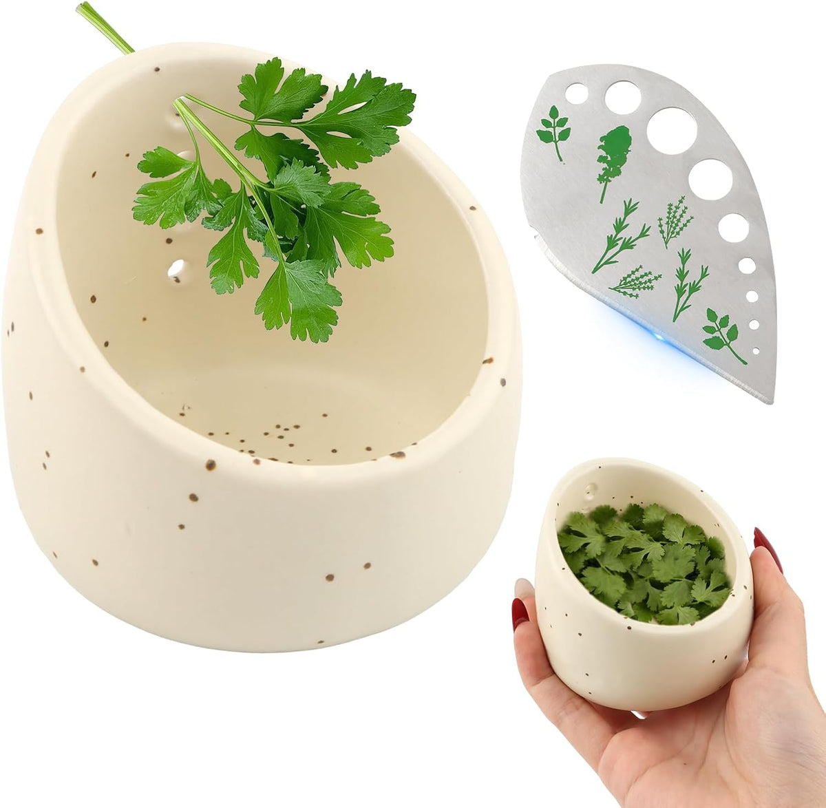 Ceramic Herb Stripper Bowl Set, 2‑In‑1 Herb Leaf Remover Tool Peeling Bowl