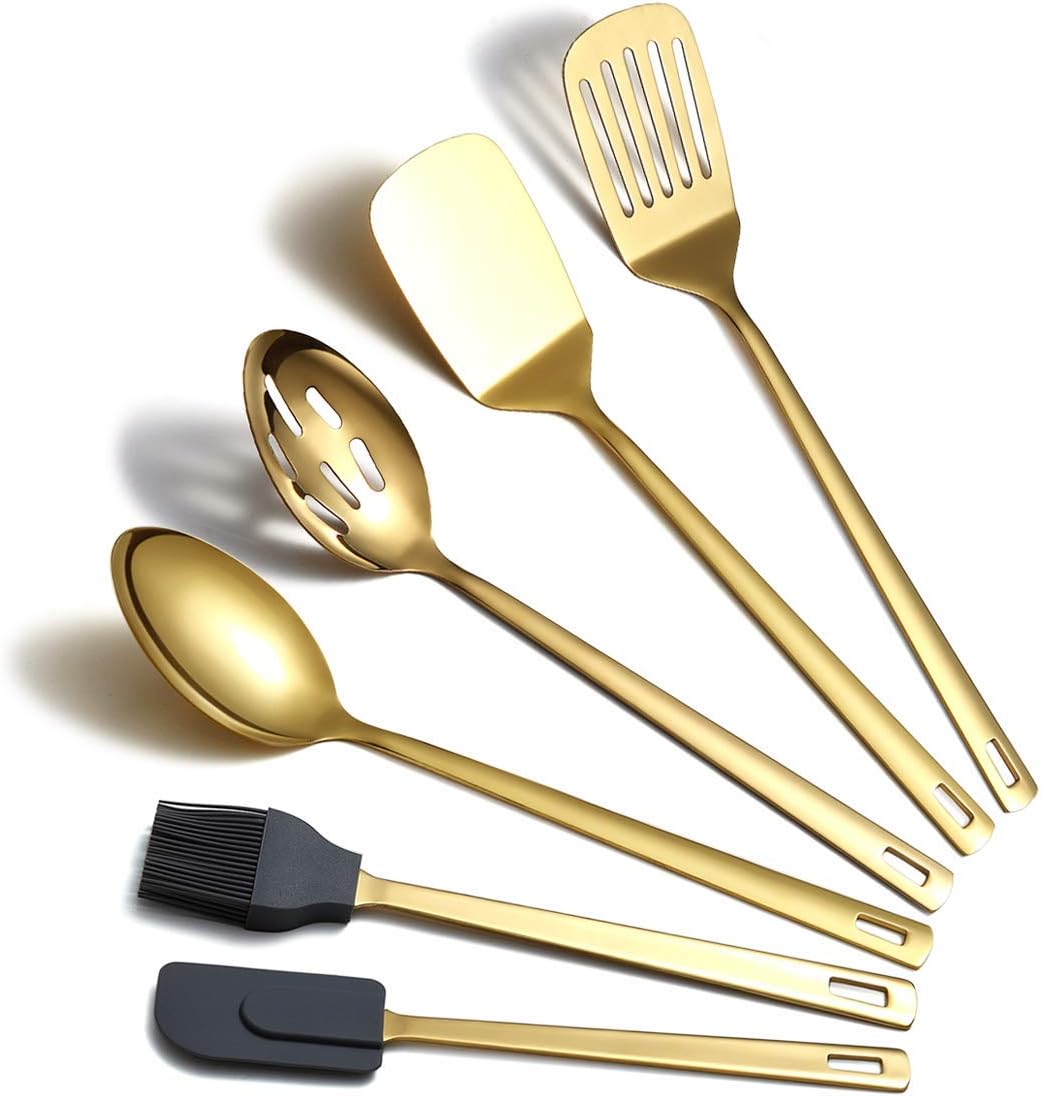 Gold Ladle, Berglander Stainless Steel Kitchen Ladle With Titainium Gold Plating, Soup Ladle, Cooking Ladle, Metal Soup Spoon For Cooking, Dishwasher Safe, Easy to Clean