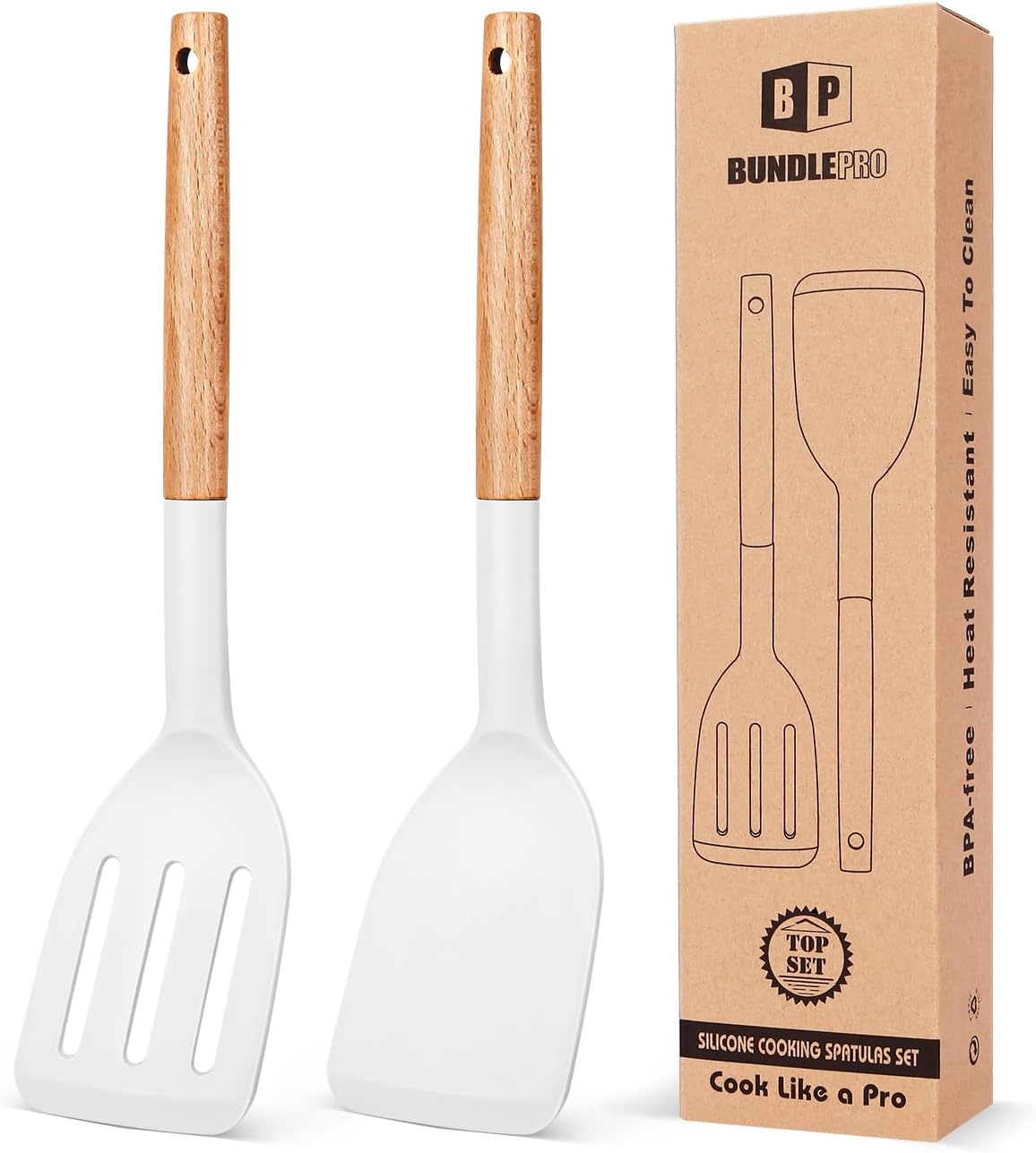 Pack of 2 Silicone Cooking Spatula, Heat Resistant Solid Turner, Non Stick Slotted Spatulas with Wooden Short Handle,Ideal Wood Kitchen Utensils Set for Frying, Baking, Flipping, Turning
