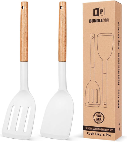 Pack of 2 Silicone Cooking Spatula, Heat Resistant Solid Turner, Non Stick Slotted Spatulas with Wooden Short Handle,Ideal Wood Kitchen Utensils Set for Frying, Baking, Flipping, Turning