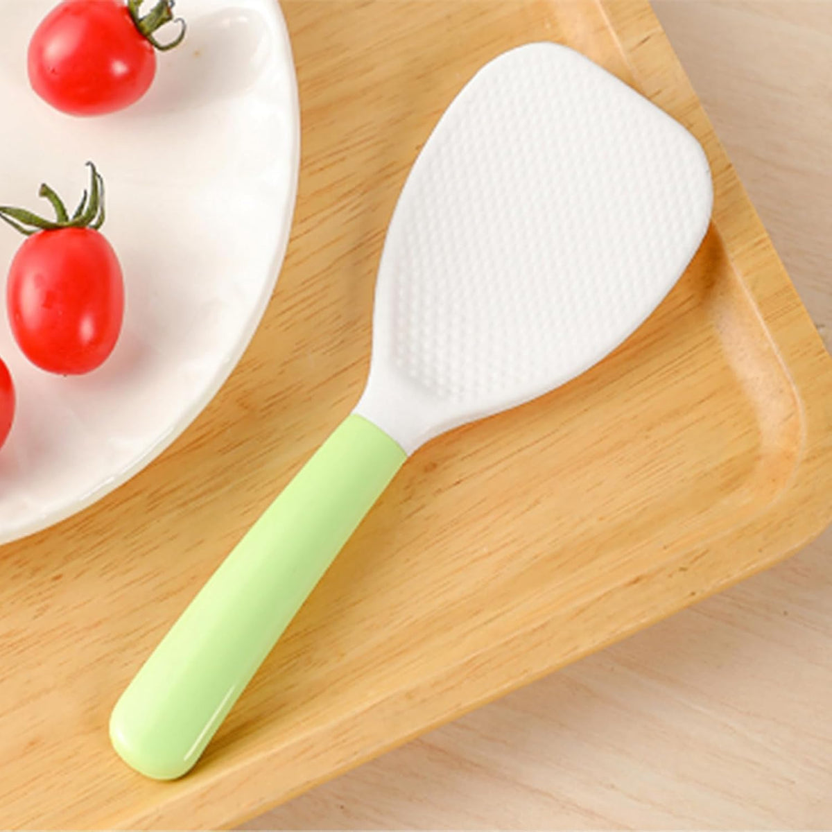 Non-Stick Heat Resistant Rice Paddle, Plastic Rice Spoon Scooper for Home Kitchen Cooking, White & Green